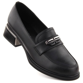 Chaussures en cuir pour femmes à talon décoratif, noires Vinceza 77102