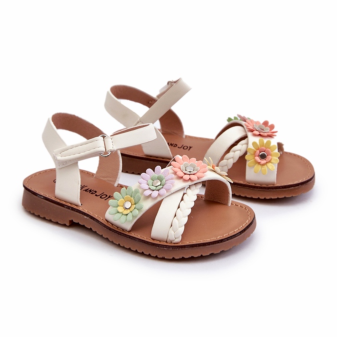 Sandales des filles fixées avec du velcro avec des fleurs blanches