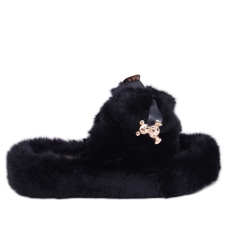 Burano Chaussons en fourrure noire avec nœud et ours en peluche le noir Burano Chaussons en fourrure noire avec nœud et ours en peluche le noir