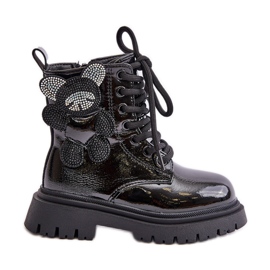 Bottines fille isolées avec ours en peluche et fermeture éclair, noir vernis Relobia