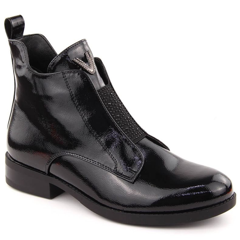 Bottines pour femmes en cuir verni avec zircons noirs par S.Barski le noir