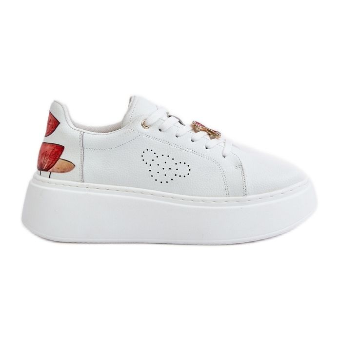 Vinceza Baskets en cuir pour femmes sur la plateforme avec épingle et fleur décorative 89100 blanc blanche