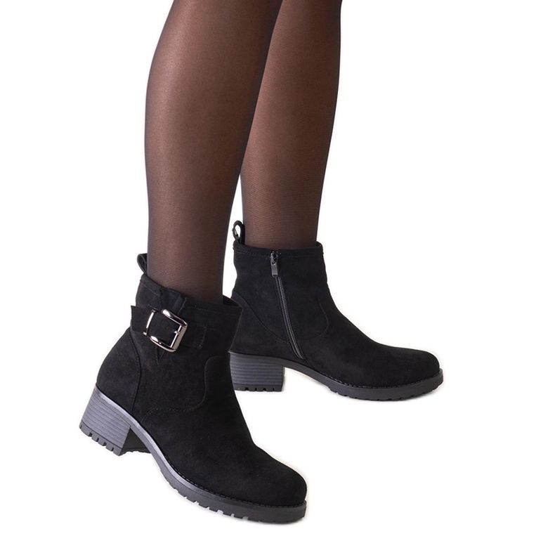 Bottines noires avec empiècement en métal sur talon bas, éco-daim Nadiara le noir