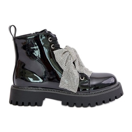 Bottines pour femme en cuir verni à nœud, Noir Ocenttia