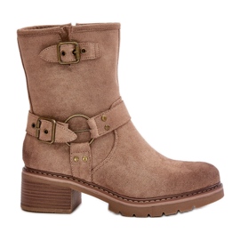 Bottes à talons bas avec boucles pour femmes, beige foncé Zudra