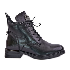 Bottines isolées à talon plat avec décoration, Noir Leonise