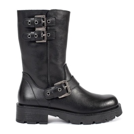 Bottines pour femmes en cuir noir sur la plateforme décorées de rayures Sergio Leone