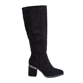 Cuissardes pour femmes en daim écologique sur talon haut chaud Vinceza 16473 noir le noir