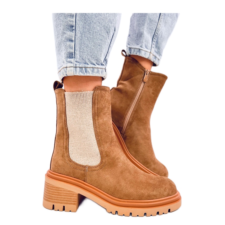 Bottines Chelsea avec revers pull kaki brun Bottines Chelsea avec revers pull kaki brun