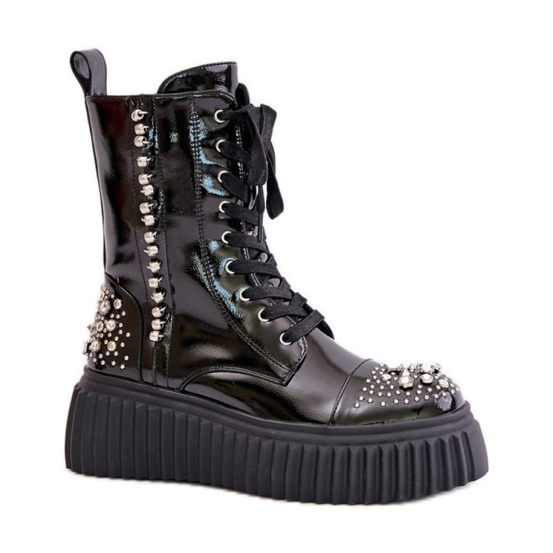 S.Barski Bottines à plateforme en cuir verni avec décoration noire le noir