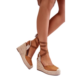 Sandales compensées à lacets camel brun