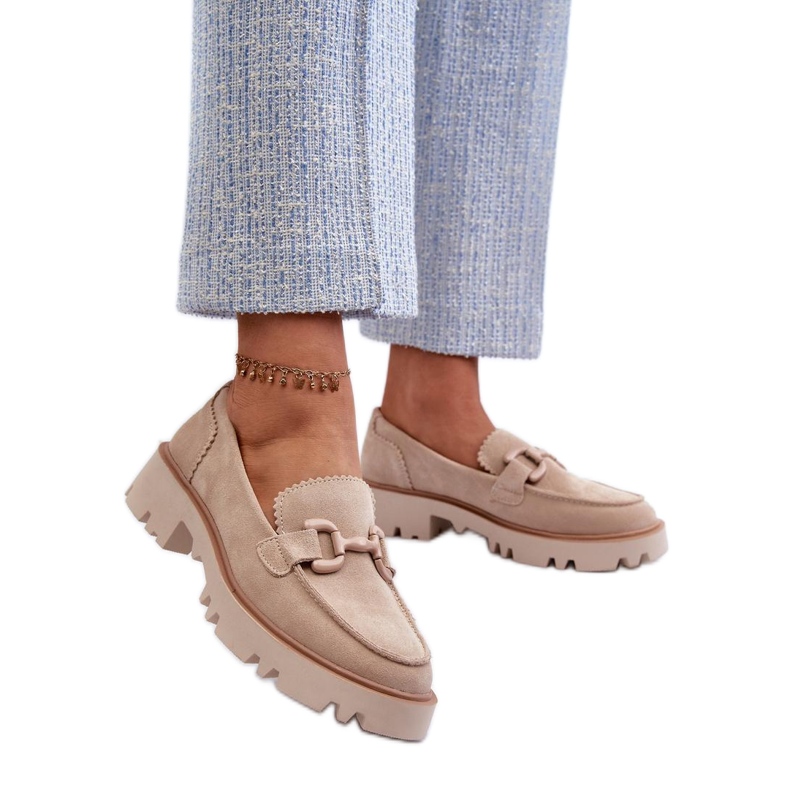 Mocassins femme en daim à décoration beige