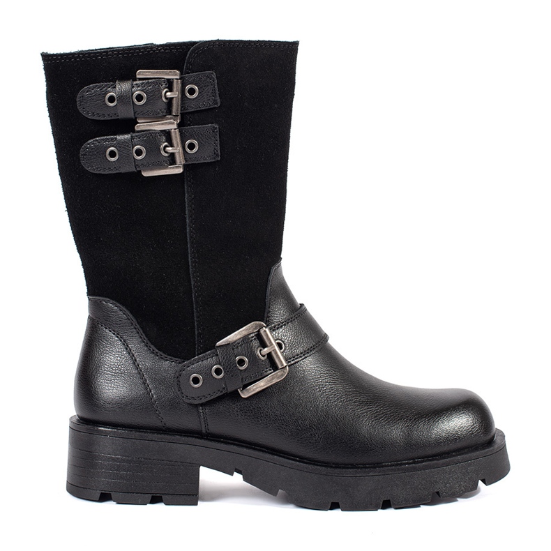 Bottines pour femmes en cuir noir sur la plateforme décorées de rayures Sergio Leone le noir