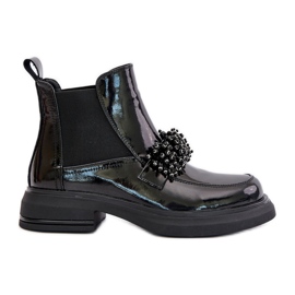 Bottines En Cuir Verni Avec Décoration, Slip-On Isolées, Noir Solimav le noir