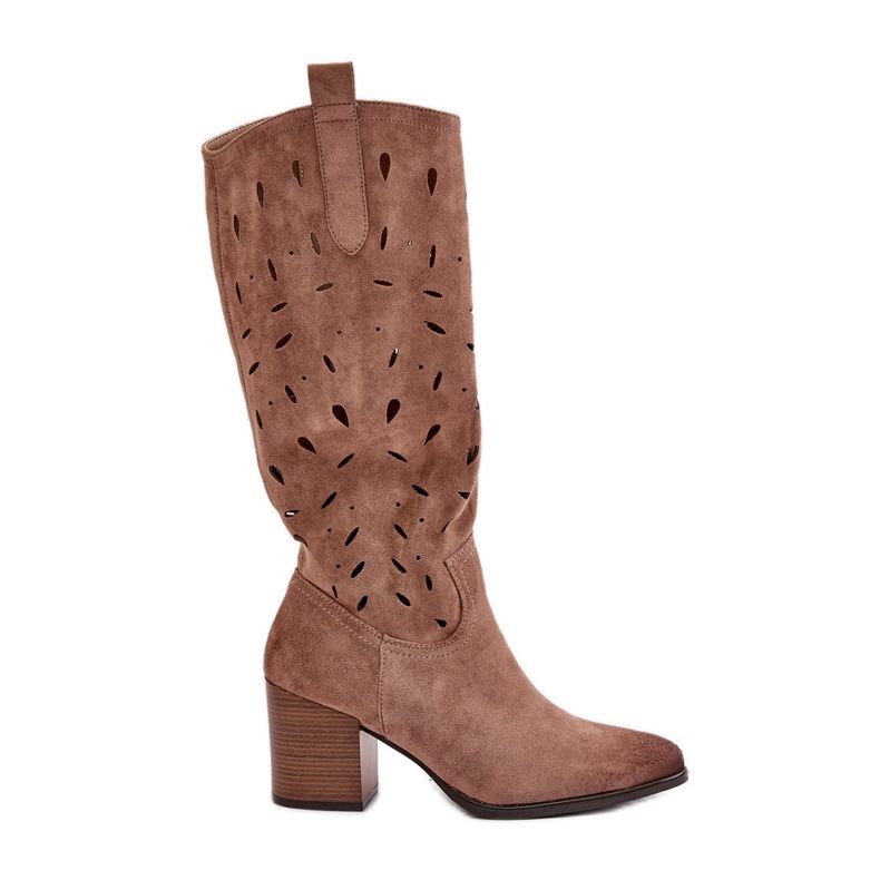 Bottes À Talons Hauts En Daim Eco Avec Motif Ajouré Vinceza 58344 Beige Foncé