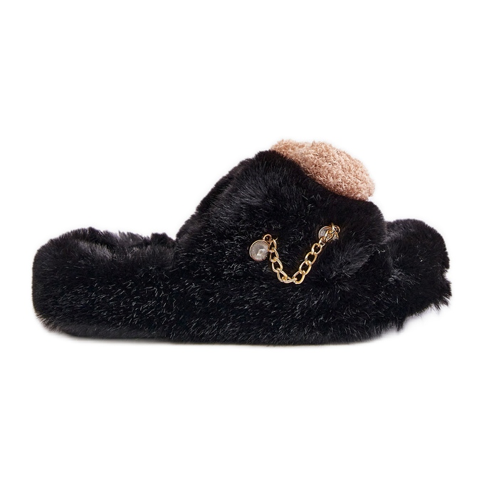 Chaussons Femme Fourrure Avec Ours En Peluche Et Éléments Décoratifs, Noir Innalise le noir