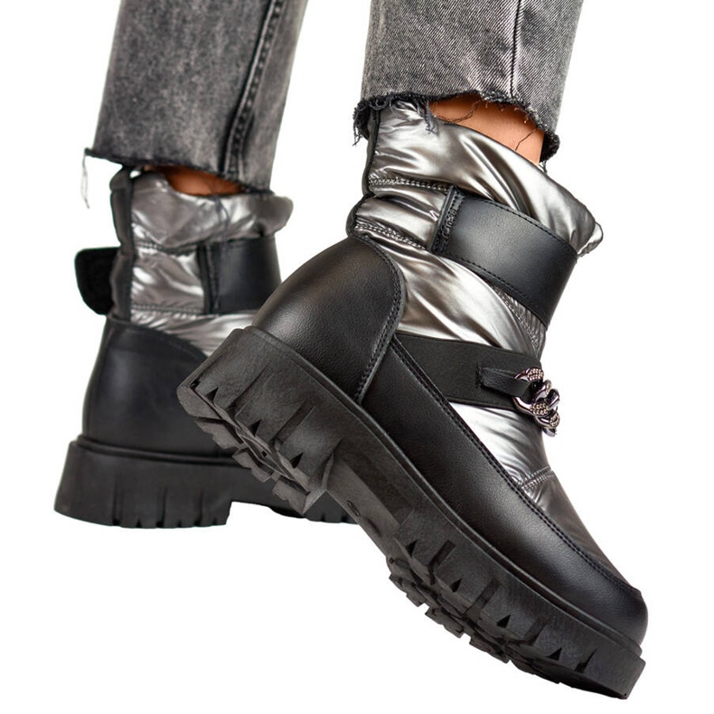 Bottes de neige pour femmes avec chaîne velcro, argent métallisé, JH-5SI Bottes de neige pour femmes avec chaîne velcro, argent métallisé, JH-5SI