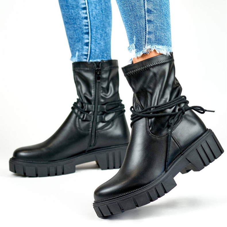 Bottines femme à tige élastique, à lacets, noires DE1127P-B beige