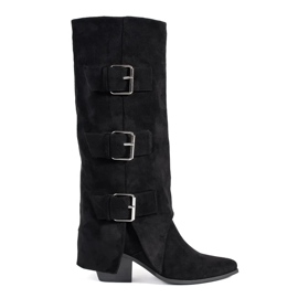 Seastar Bottines femme à talons hauts en daim noir avec boucles le noir