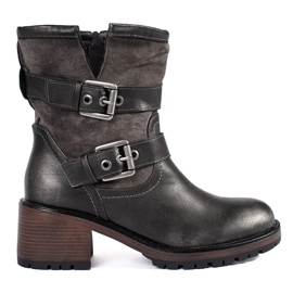 Bottines femme à talons hauts métallisées marron foncé avec boucles brun