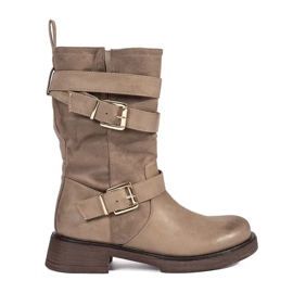 Bottines femme beiges à talons bas et boucles