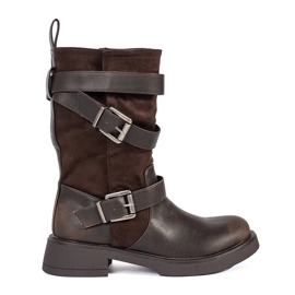 Bottines femme marron à talons bas et boucles brun