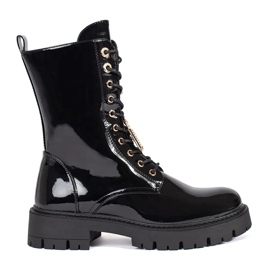 Seastar Bottines de travail à lacets noires vernies sur la plateforme avec épingles le noir