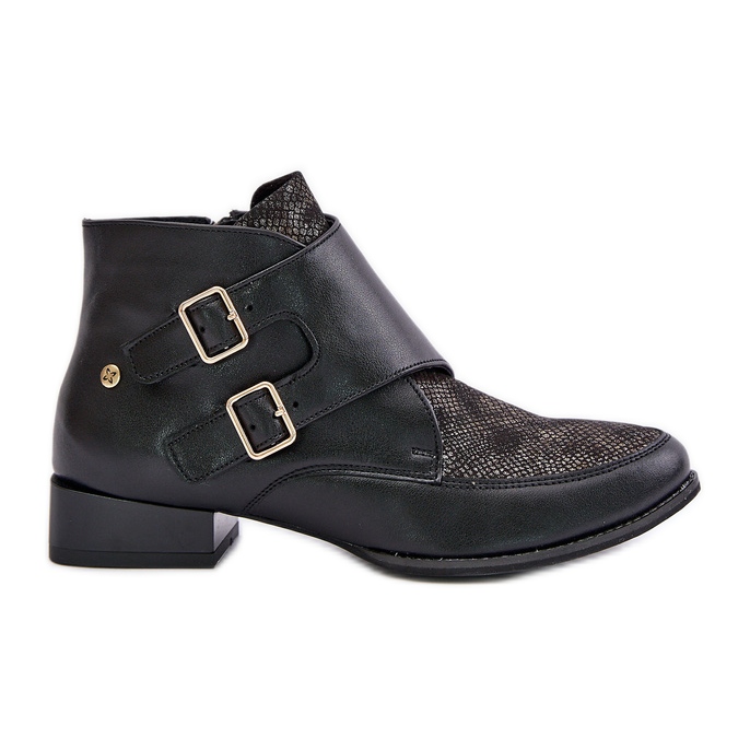 Bottines Talon Bas En Cuir Avec Boucles Maciejka 06696-01 Noir le noir