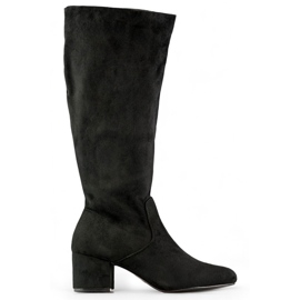Bottes hauteur genou en daim noir, bottes à talons bas pour femme