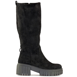 Bottes classiques noires pour femmes à semelle épaisse, cuissardes en daim