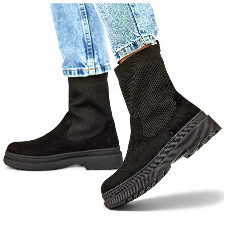 Bottines femme en daim à tige chaussette, noir HB-175B le noir