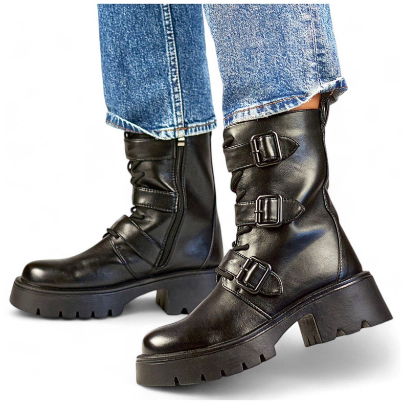 Bottes de moto hautes pour femmes avec boucles, noires GD-FL2206B le noir