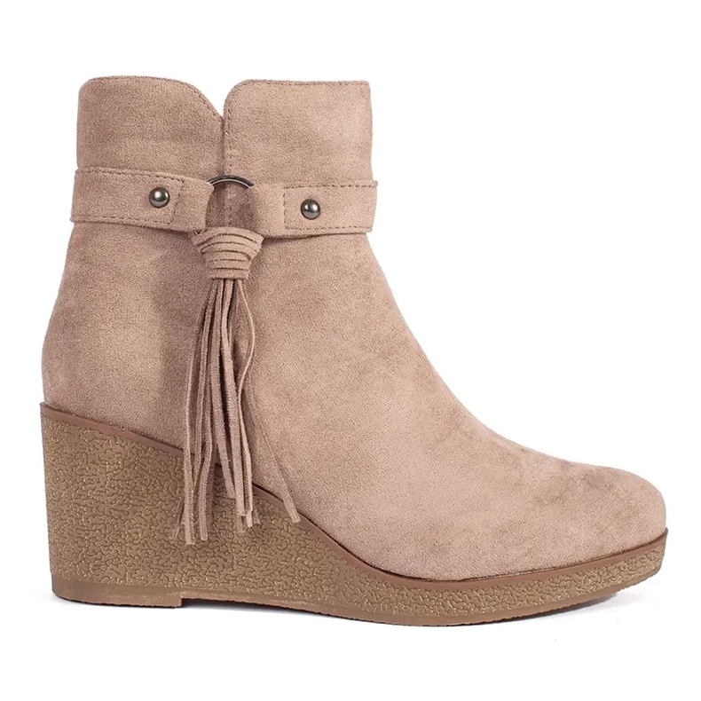 Bottines compensées femme en daim beige à franges