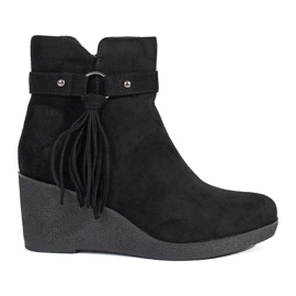 Bottines compensées femme en daim noir à franges le noir