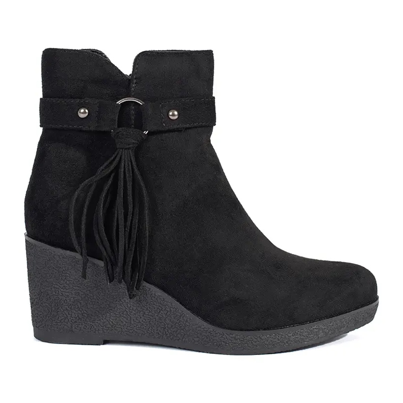 Bottines compensées femme en daim noir à franges le noir