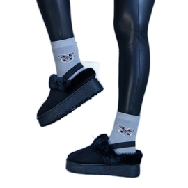 Chaussons plateforme noirs ornés de fourrure et d'un élastique au talon, Frank le noir