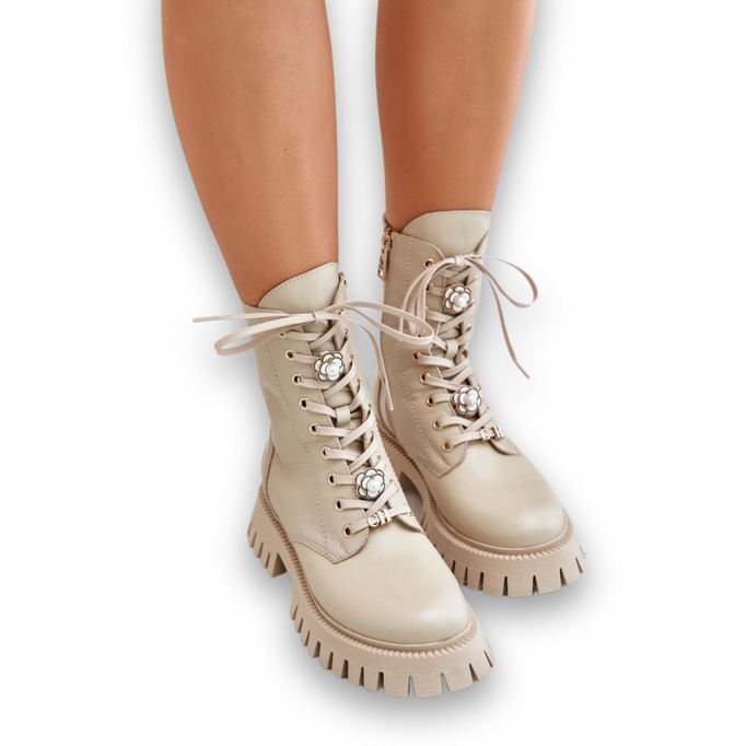 Bottines de travail en cuir avec épingles à fermeture éclair CheBello 4553 Beige