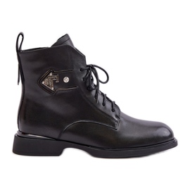 Bottines Plates En Cuir Avec Décoration Warm Maciejka N3115-01 Noir le noir