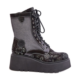 Bottines En Cuir à Plateforme Et Compensée Avec Dessus à Motifs Maciejka 06720-01 Noir