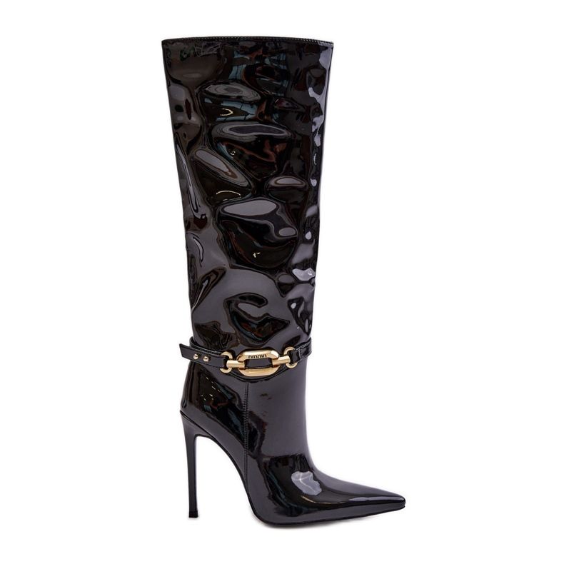 Bottines à talons aiguilles vernies Tistaria noires avec décoration dorée le noir