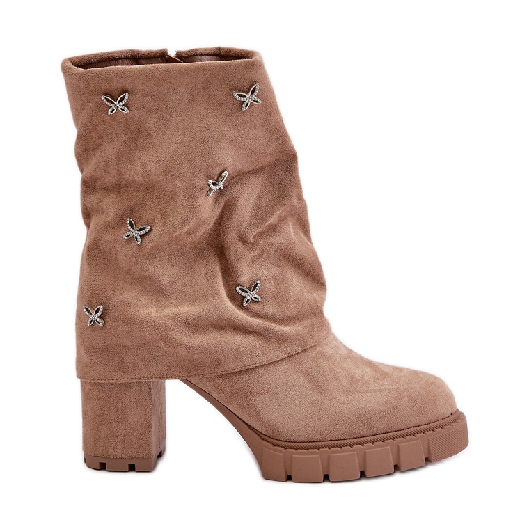 Bottines décorées avec tige retroussée sur talon haut, Beige Esadora