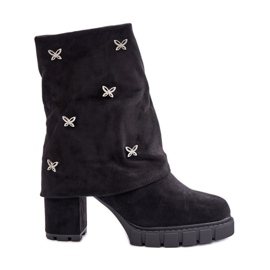 Bottines décorées à tige retroussée sur talon haut, Noir Esadora