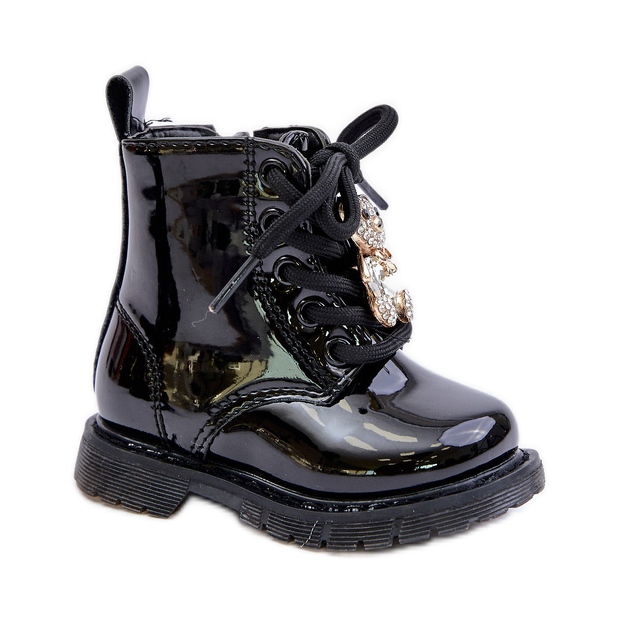 Bottines enfant vernies isolées avec ours en peluche et fermeture éclair, Noir Enchanta le noir