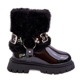 Bottines fille en cuir verni avec fourrure et boucles, Noir Cartemes