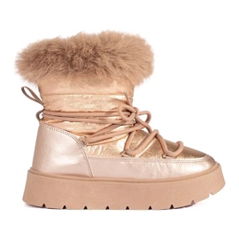 Boots de neige femme dorées avec fourrure sur semelle épaisse