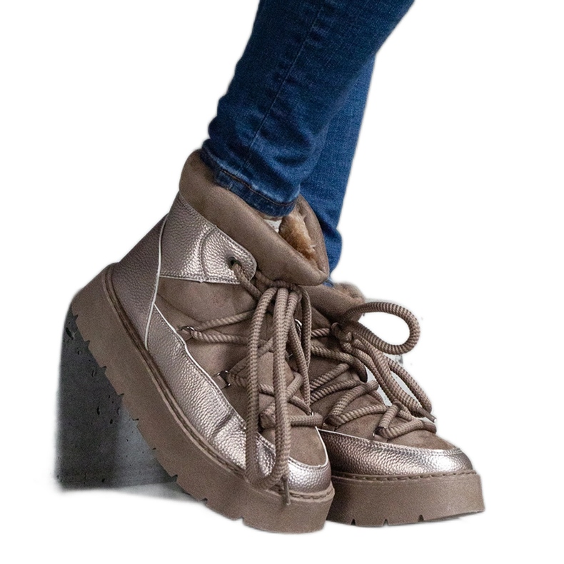 Bottines de neige à plateforme pour femme beige foncé avec doublure en fourrure