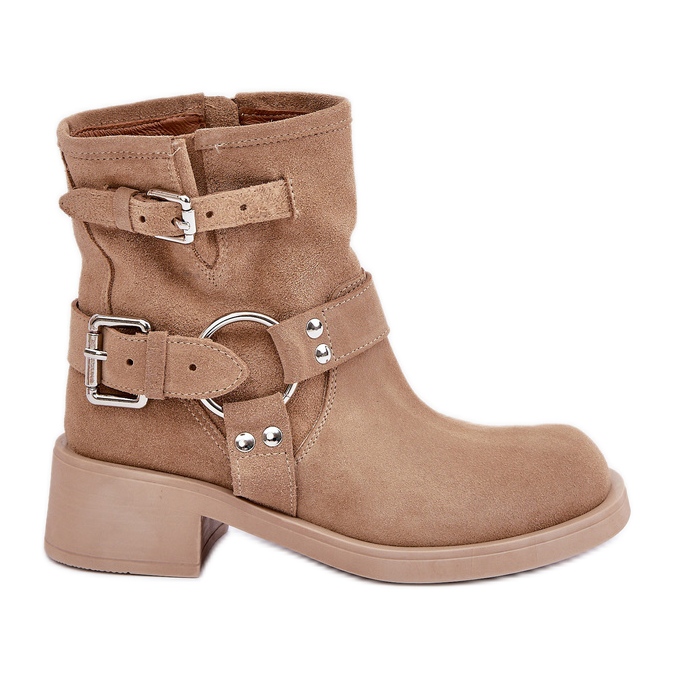 Bottines Femme En Daim Sur Bloc Talon Bas Avec Lanières Zazoo 3644 Beige