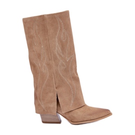 Bottines Mi-Mollet En Daim À Talon Supérieur Remonté Beige Zazoo 3487