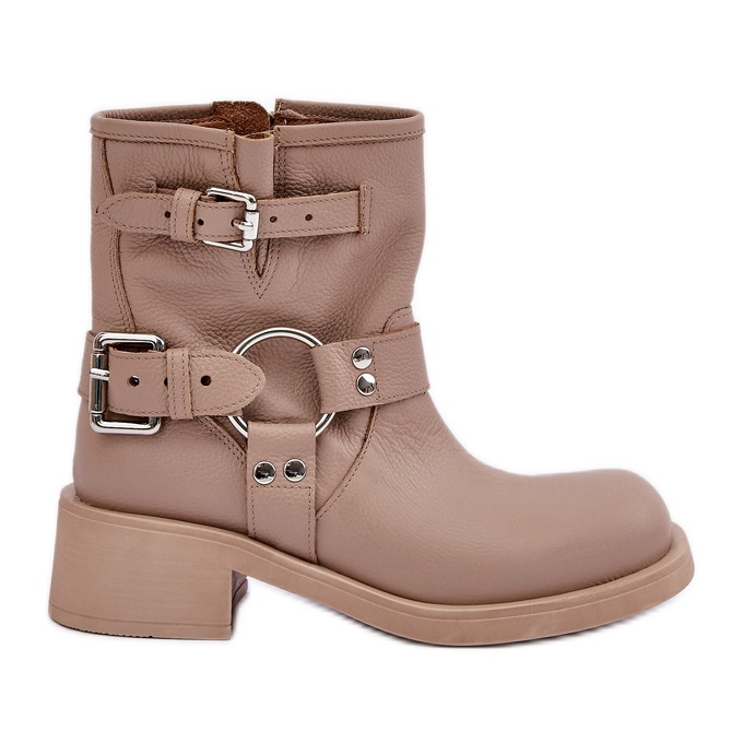 Bottines Femme En Cuir Sur Bloc Talon Bas Avec Lanières Zazoo 3644 Beige