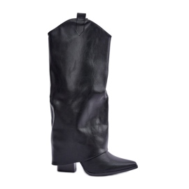 Bottines à enfiler à tige retroussée sur talon, noir